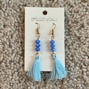 Fashion Jewelry Light Blue Tassel Rhinestone Bead Dangle Statement Earrings